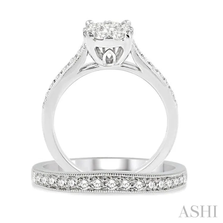 1 Ctw Diamond Wedding Set with 3/4 Ctw Lovebright Round Cut Engagement Ring and 1/4 Ctw Wedding Band in 14K White Gold