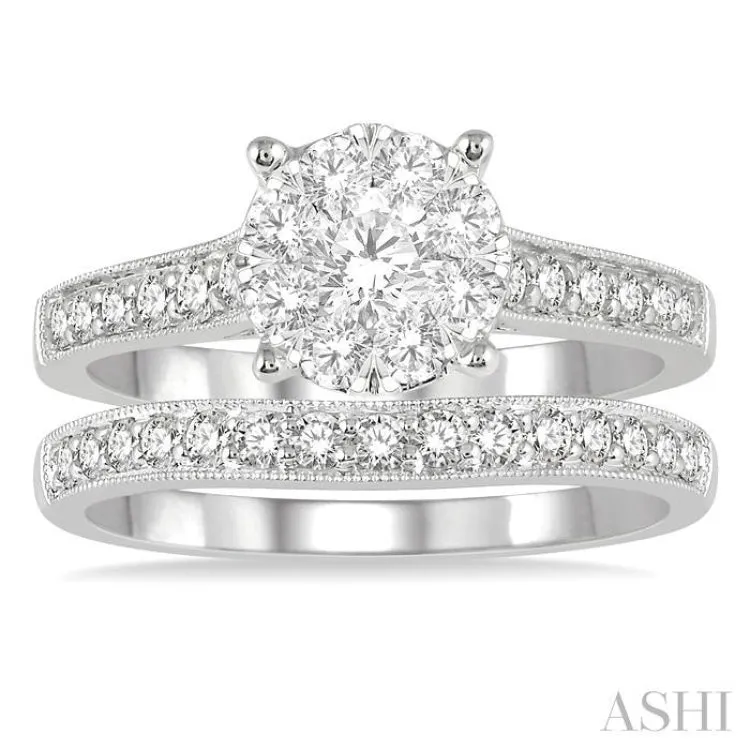 1 Ctw Diamond Wedding Set with 3/4 Ctw Lovebright Round Cut Engagement Ring and 1/4 Ctw Wedding Band in 14K White Gold