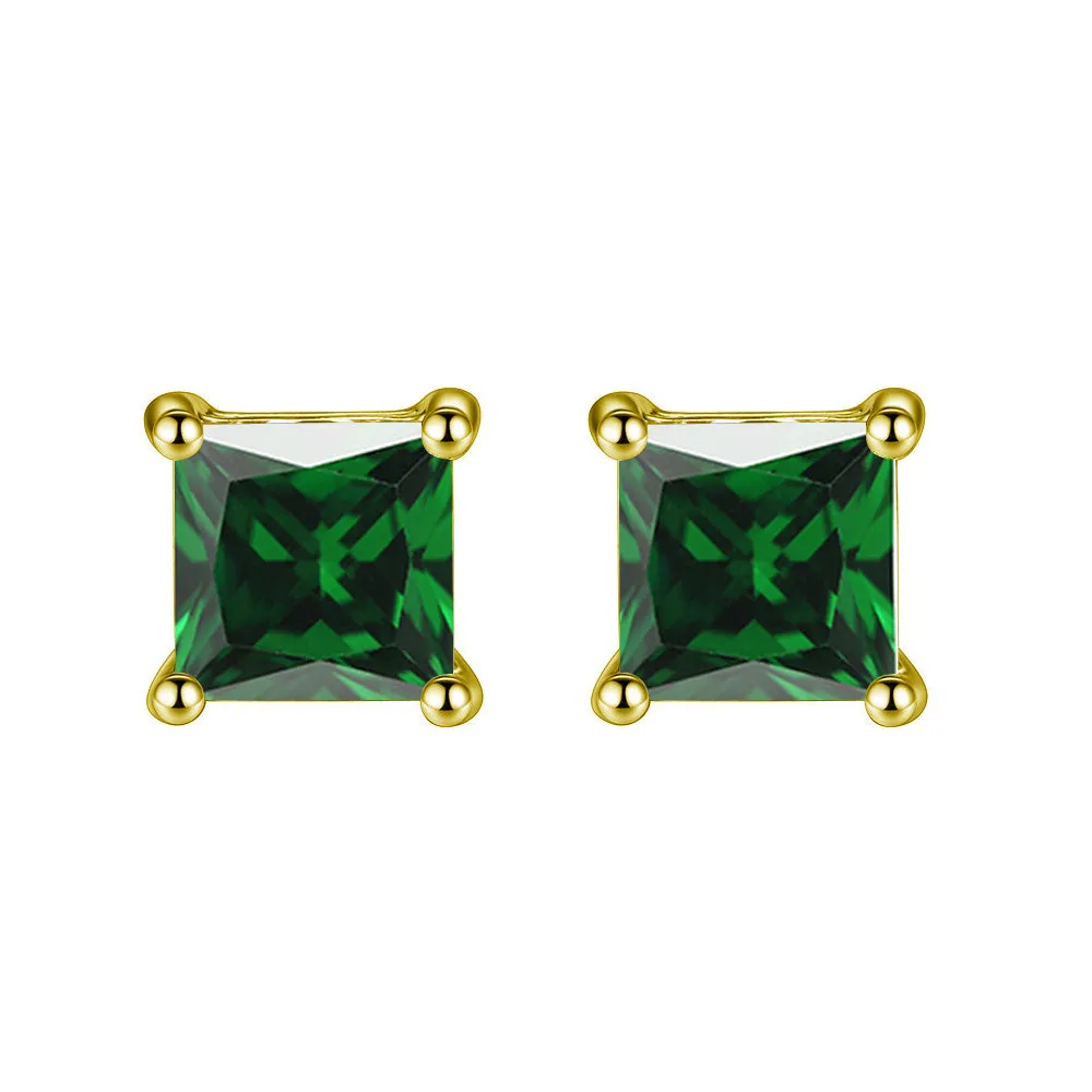 10k Yellow Gold Plated 1 Ct Princess Cut Created Emerald CZ Stud Earrings