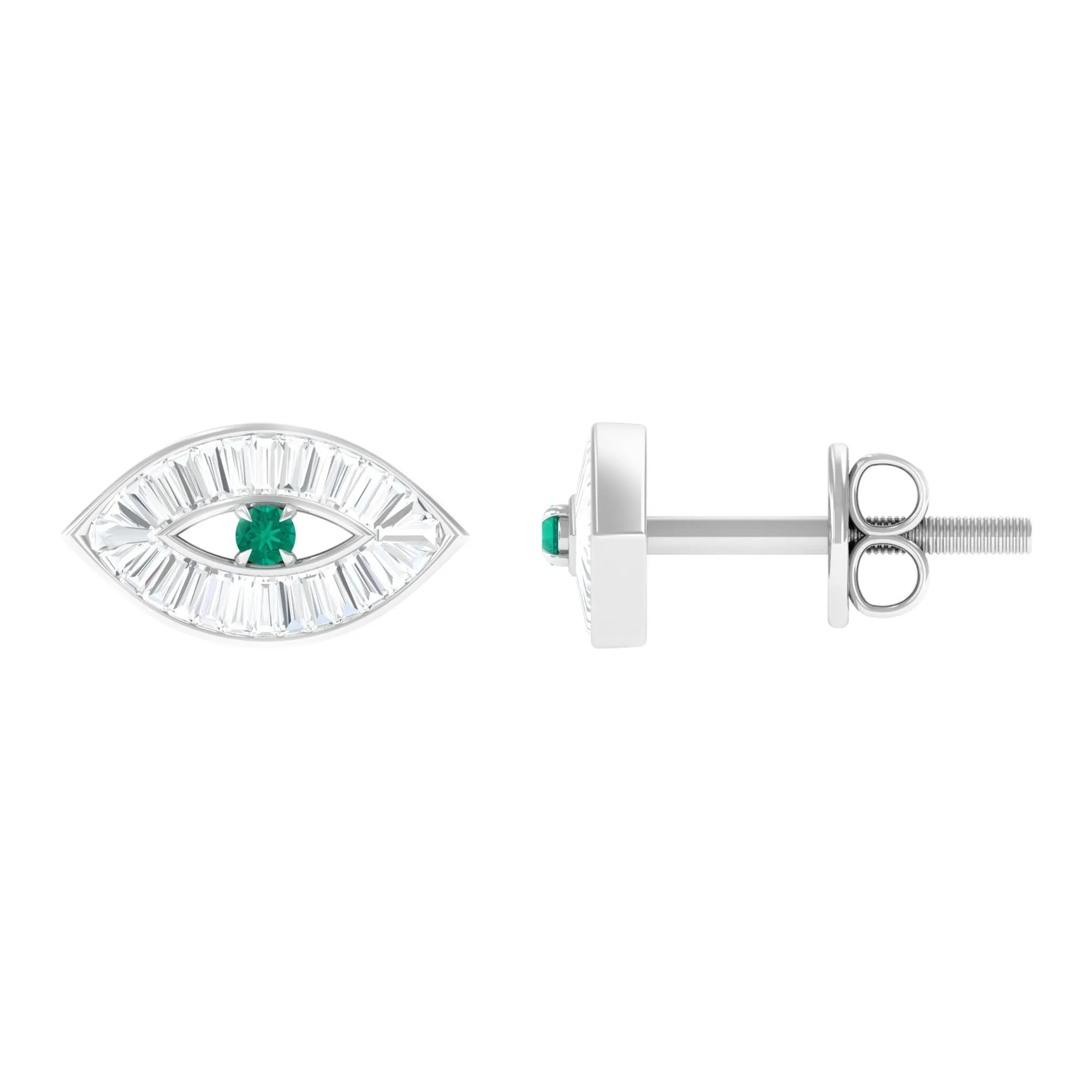 1/2 CT Emerald and Diamond Evil Eye Stud Earrings