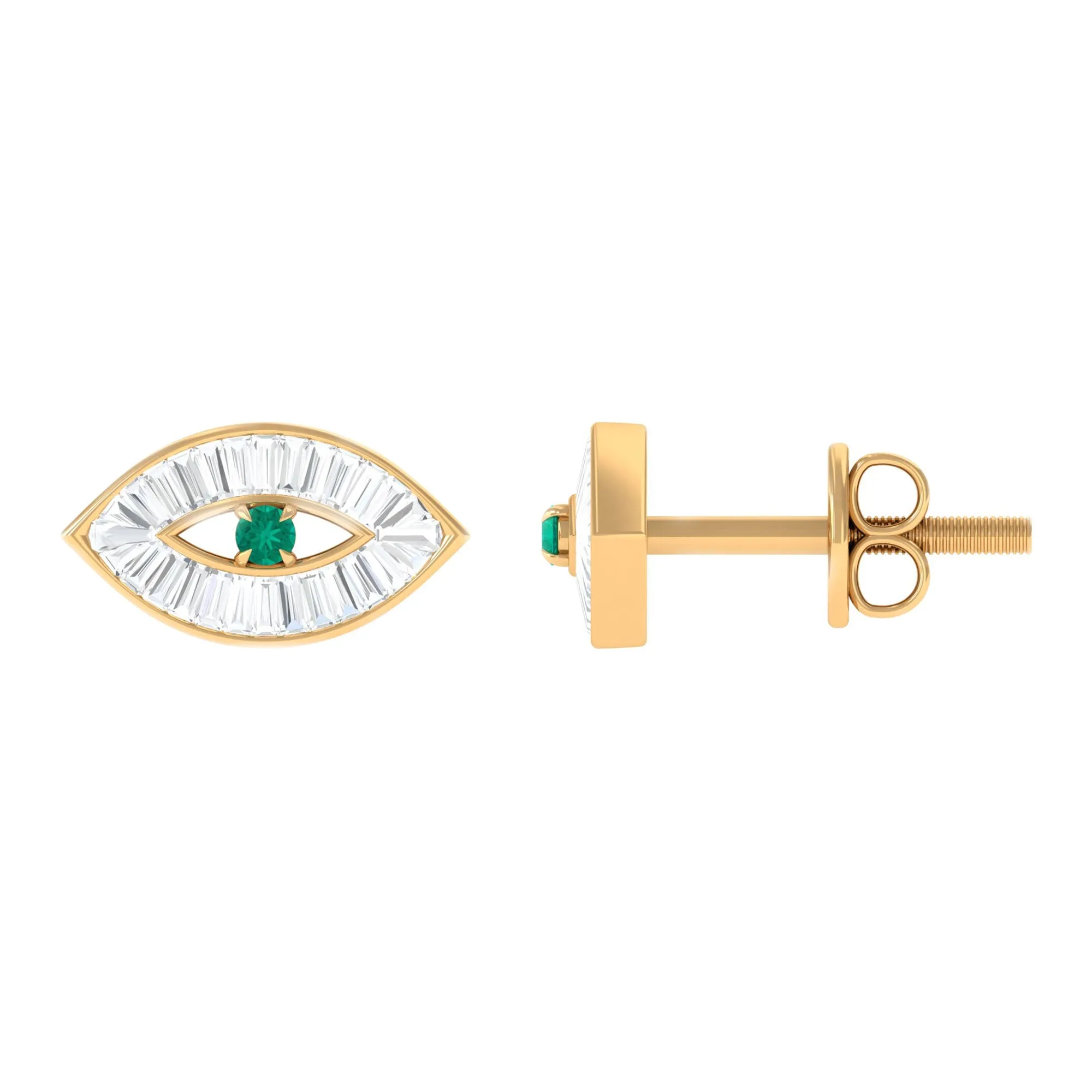 1/2 CT Emerald and Diamond Evil Eye Stud Earrings