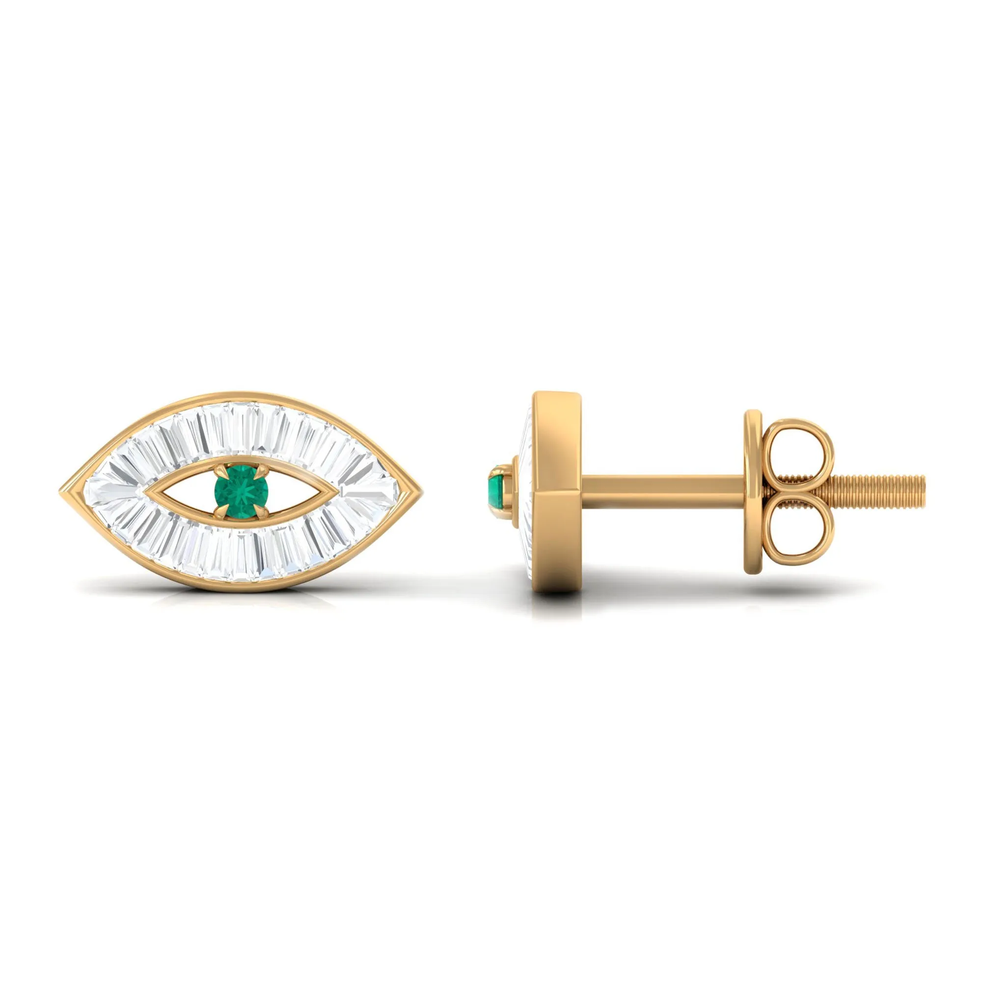 1/2 CT Emerald and Diamond Evil Eye Stud Earrings