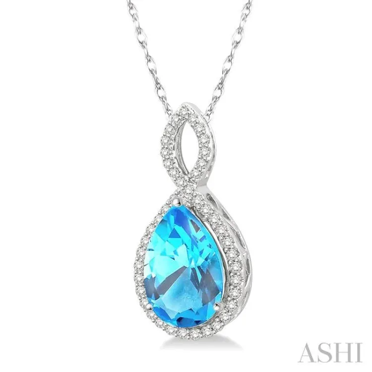 1/4 Ctw Round Cut Diamond and Entwined Pear Cut 12x8mm Blue Topaz Semi Precious Pendant in 10K White Gold with chain