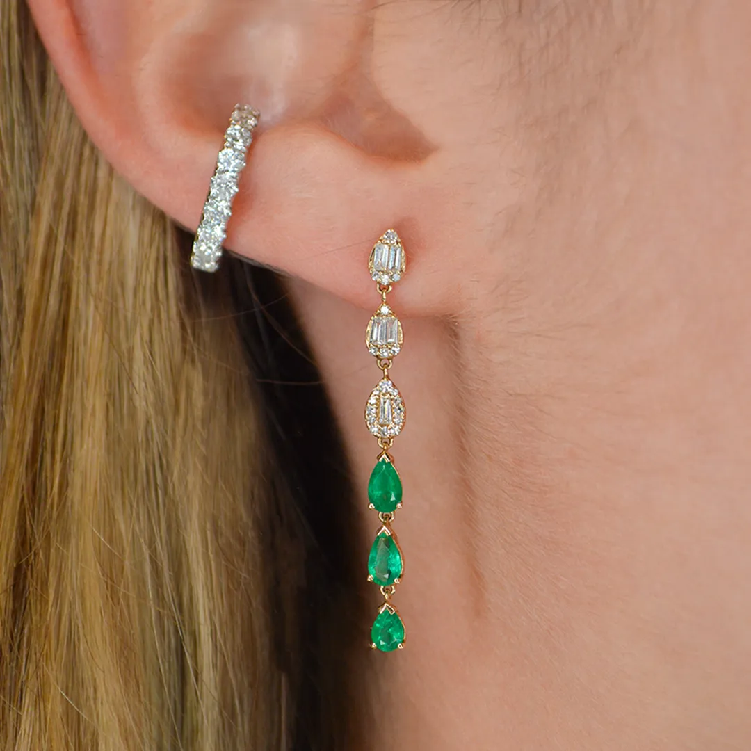 1.48ct Diamond Emerald 14K Gold Long Thread Cluster Drop Earrings