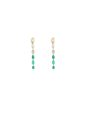 1.48ct Diamond Emerald 14K Gold Long Thread Cluster Drop Earrings