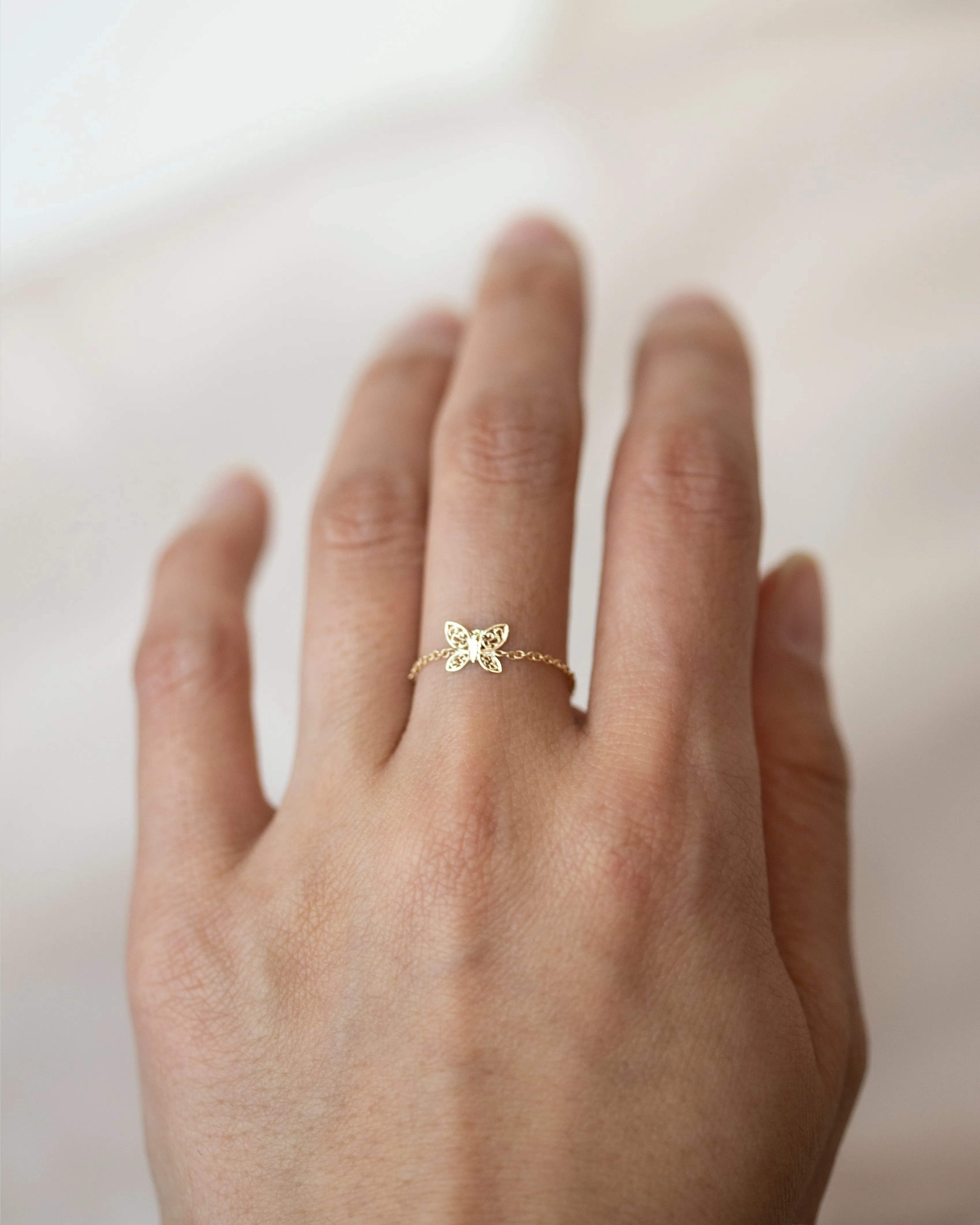 14k Dainty Gold Butterfly Chain ring