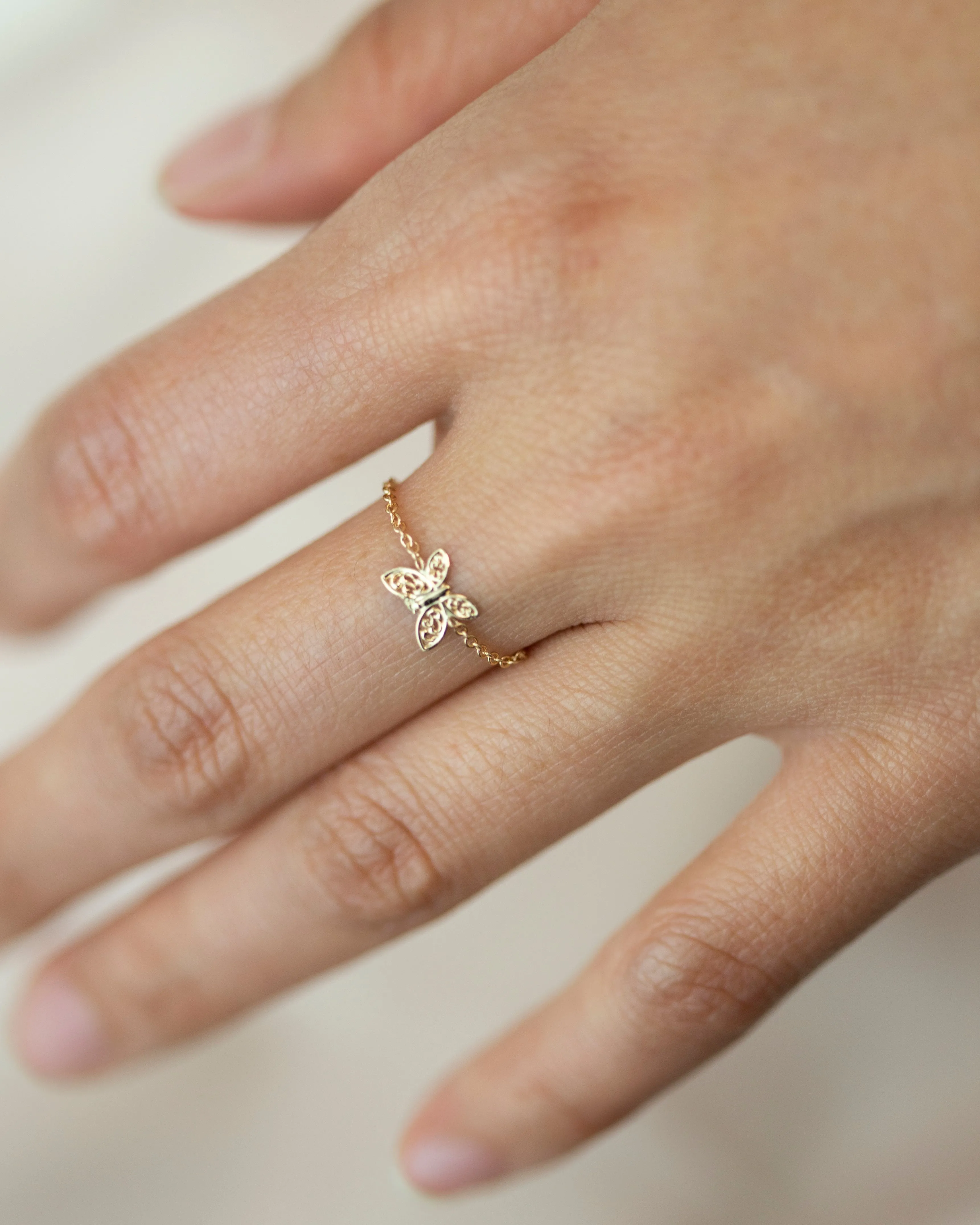 14k Dainty Gold Butterfly Chain ring