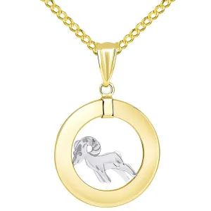 14k Gold Open Circle Aries Zodiac Sign Pendant Cuban Necklace - Two-Tone Gold