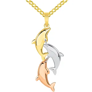 14k Tri Color Gold 3D Three Dangling Dolphins Jumping Vertical Pendant Curb Chain Necklace