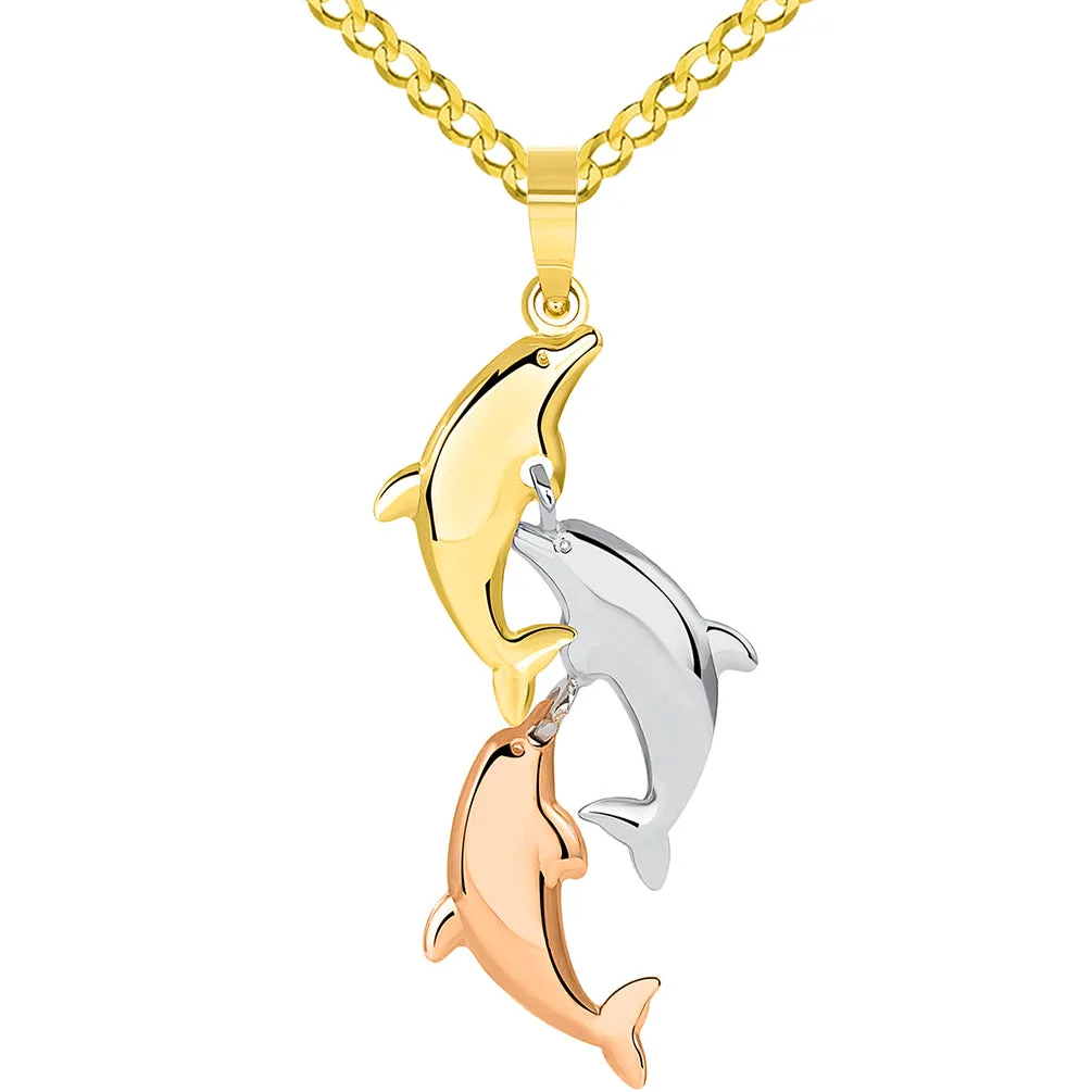 14k Tri Color Gold 3D Three Dangling Dolphins Jumping Vertical Pendant Curb Chain Necklace