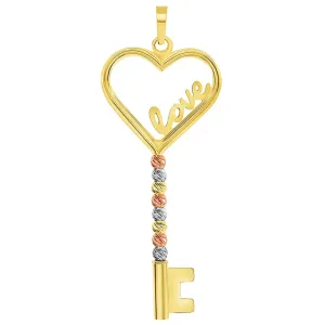 14k Tri-Color Gold Love Written Open Heart Beaded Key Pendant