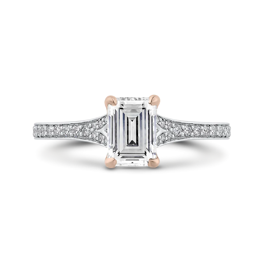 14K Two Tone Gold Emerald Cut Diamond Engagement Ring (Semi Mount)