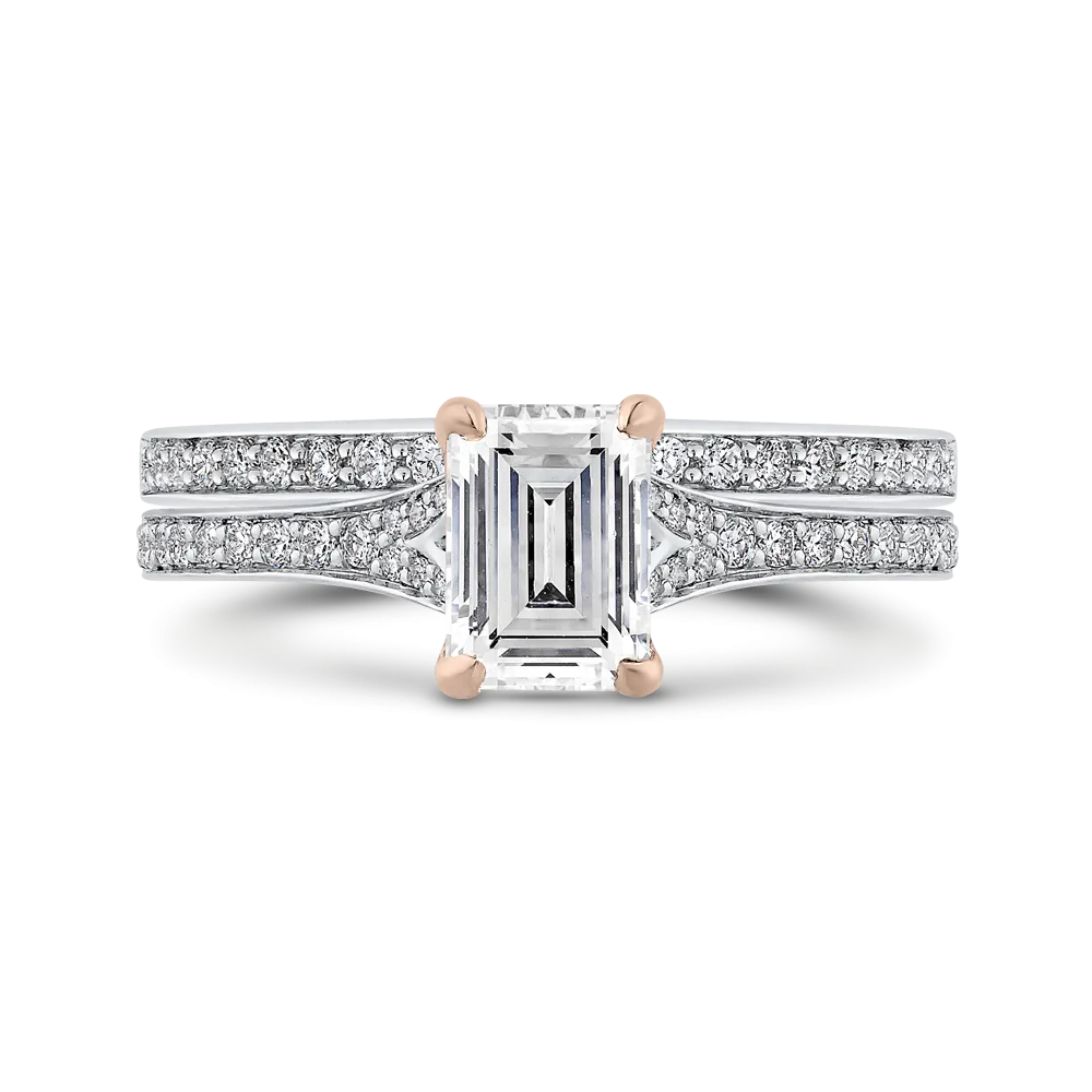 14K Two Tone Gold Emerald Cut Diamond Engagement Ring (Semi Mount)