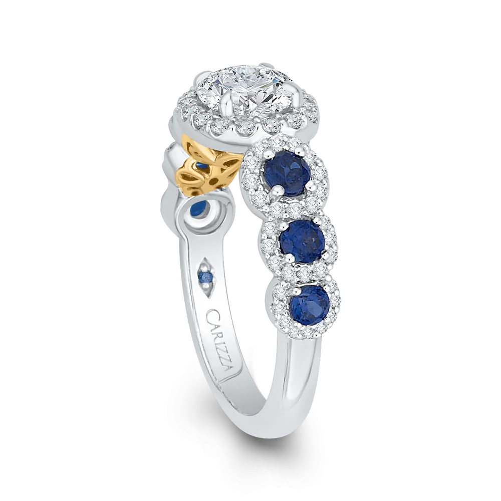 14K Two Tone Gold Round Diamond Engagement Ring with Sapphire (Semi Mount)