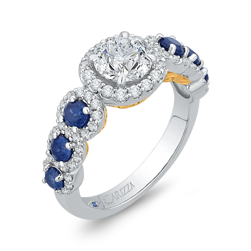 14K Two Tone Gold Round Diamond Engagement Ring with Sapphire (Semi Mount)