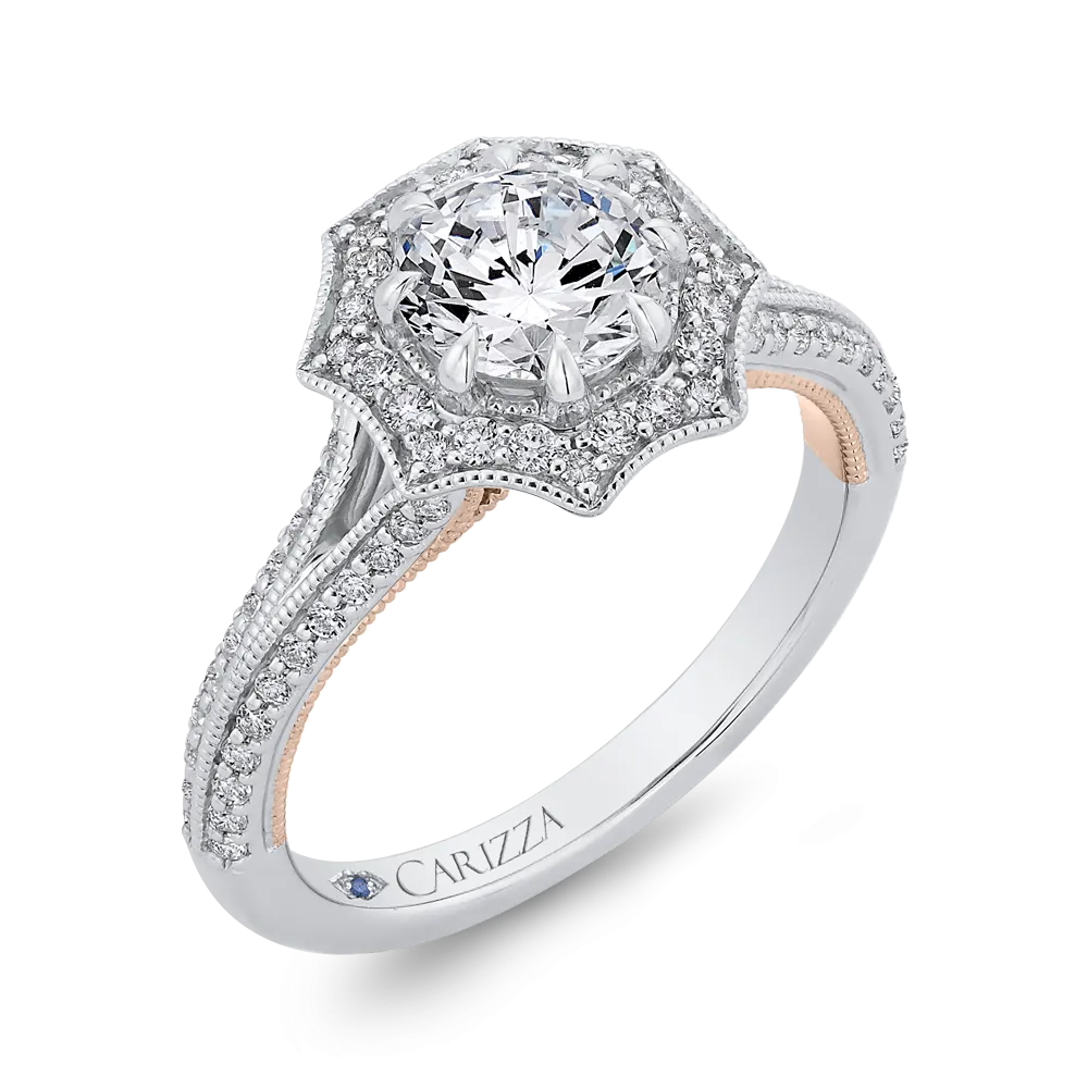 14K Two Tone Gold Round Diamond Floral Halo Engagement Ring with Split Shank (Semi Mount)