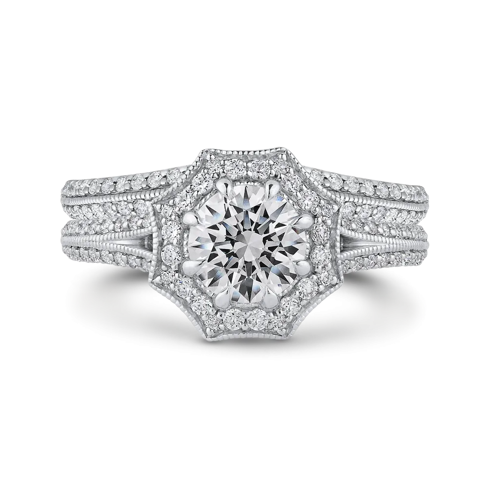 14K Two Tone Gold Round Diamond Floral Halo Engagement Ring with Split Shank (Semi Mount)