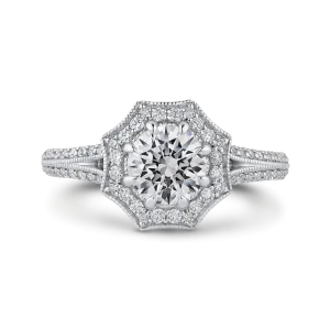 14K Two Tone Gold Round Diamond Floral Halo Engagement Ring with Split Shank (Semi Mount)