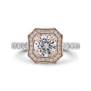 14K Two Tone Gold Round Diamond Halo Engagement Ring (Semi Mount)