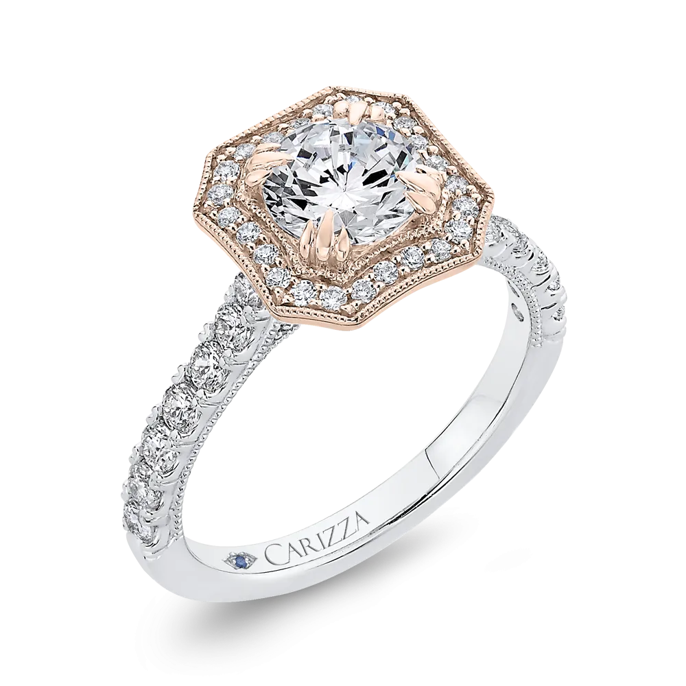 14K Two Tone Gold Round Diamond Halo Engagement Ring (Semi Mount)