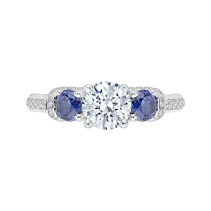 14K White Gold Euro Shank Round Diamond and Sapphire Three Stone Engagement Ring (Semi Mount)