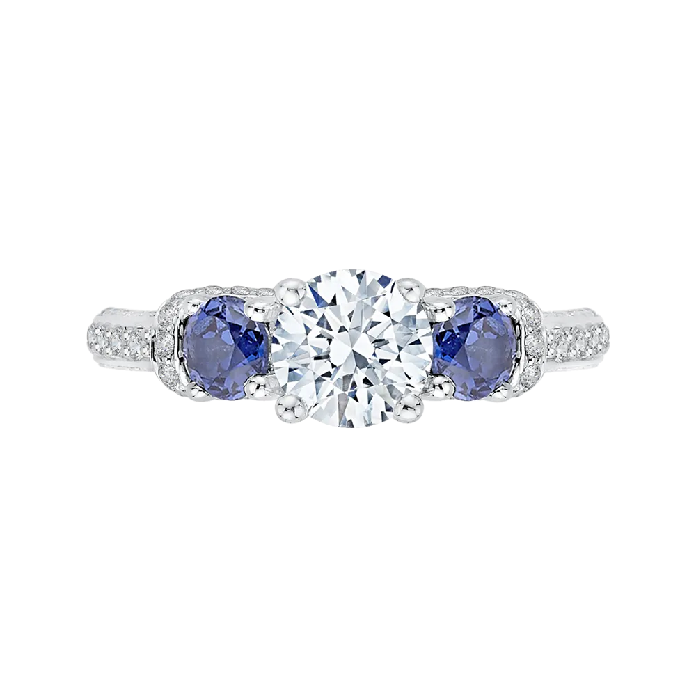 14K White Gold Euro Shank Round Diamond and Sapphire Three Stone Engagement Ring (Semi Mount)