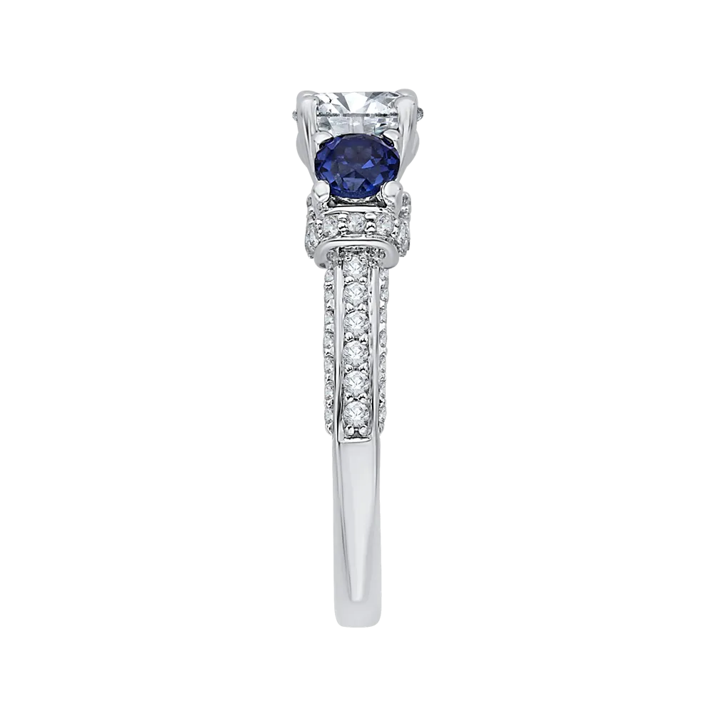 14K White Gold Euro Shank Round Diamond and Sapphire Three Stone Engagement Ring (Semi Mount)