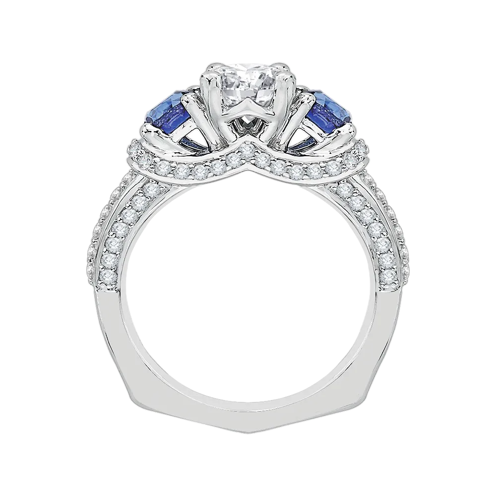 14K White Gold Euro Shank Round Diamond and Sapphire Three Stone Engagement Ring (Semi Mount)