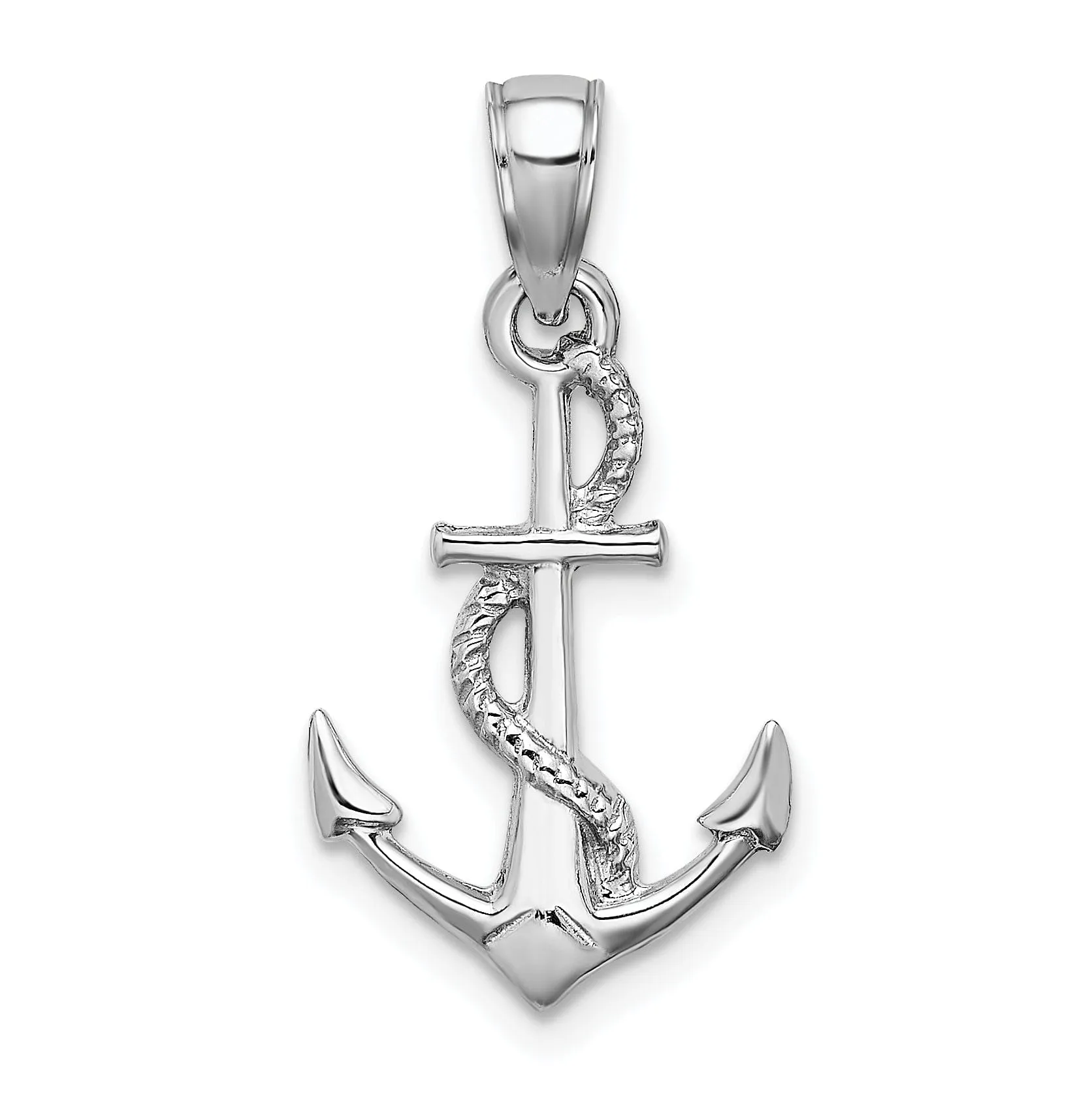 14K White Gold Polished Finished 3-Dimensional with Rope Design Solid Anchor Charm Pendant