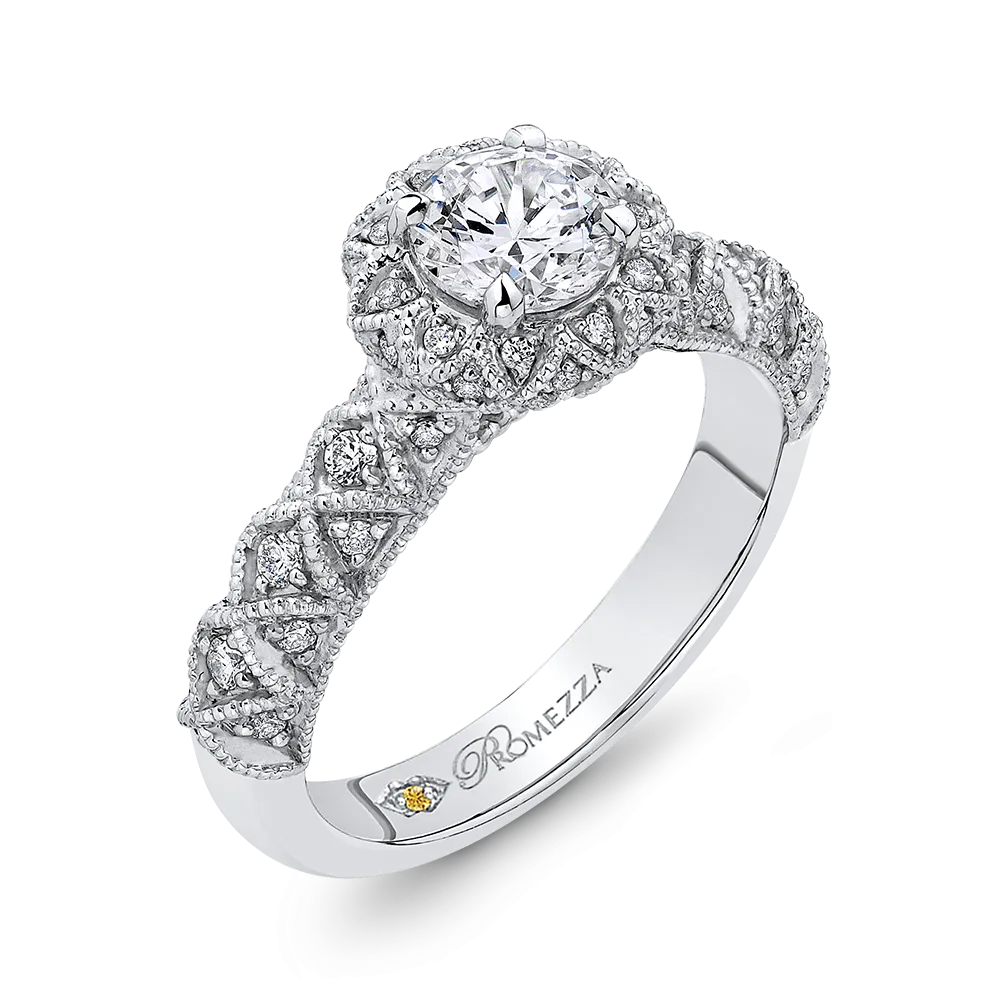 14K White Gold Round Diamond Floral Halo Engagement Ring