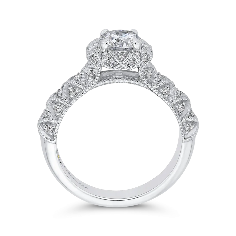 14K White Gold Round Diamond Floral Halo Engagement Ring