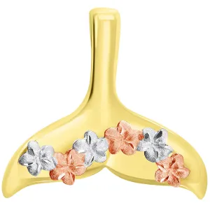 14k Yellow and Rose Gold Tri-Tone Dolphin Tail Fin with Hawaiian Plumeria Flowers Pendant