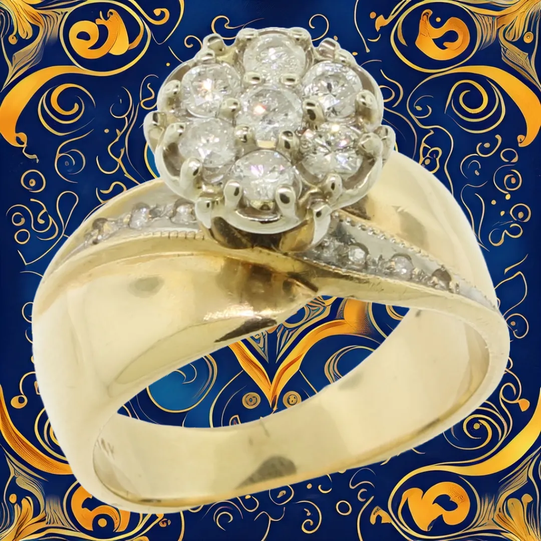 14K Yellow and White Gold Tu Tone Diamond Cluster Ring