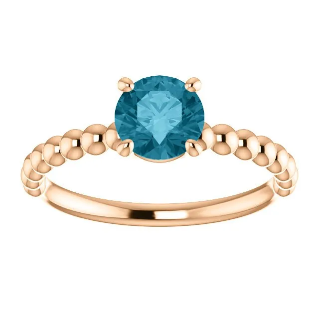 14KT GOLD 1.05 CT LONDON BLUE TOPAZ BEADED SOLITAIRE RING