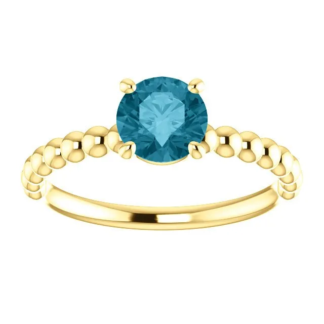 14KT GOLD 1.05 CT LONDON BLUE TOPAZ BEADED SOLITAIRE RING