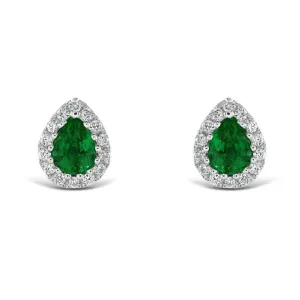 18ct White Gold Pear Cut Emerald & Diamond Cluster Stud Earrings