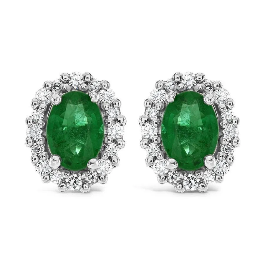 18ct Yellow Gold Oval Cut Emerald & Diamond Cluster Stud Earrings