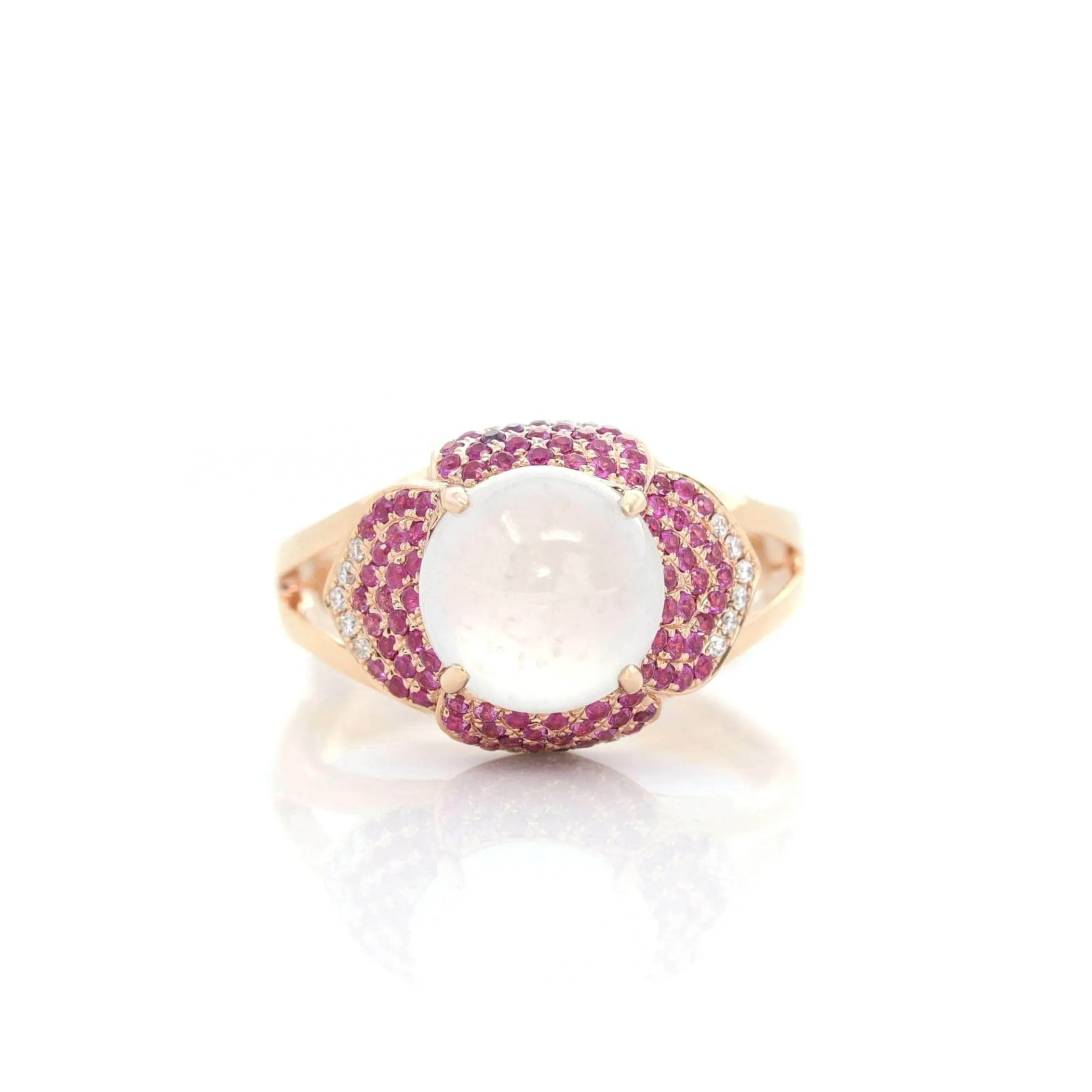 18k Rose Gold Natural Ice Jadeite Engagement Ring With Diamonds and Ruby