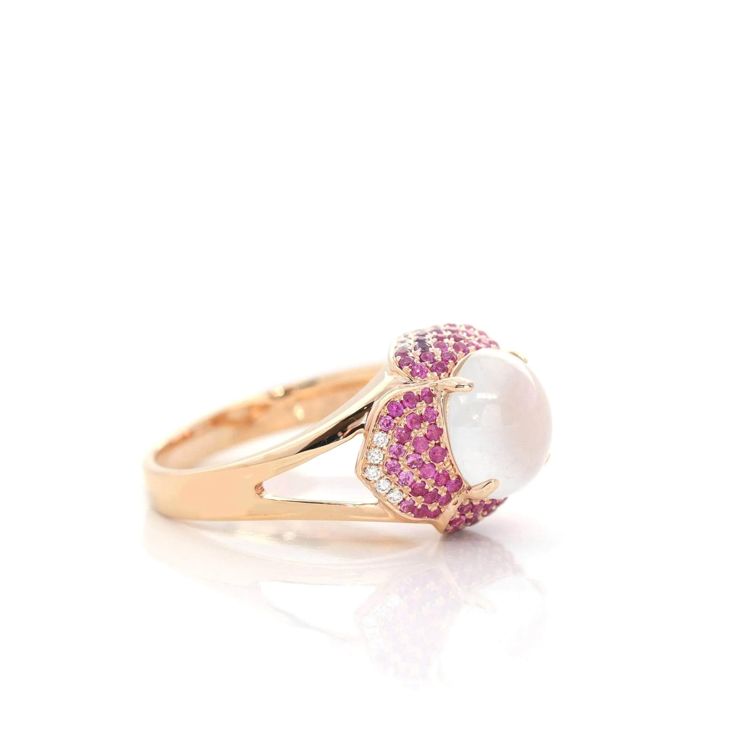 18k Rose Gold Natural Ice Jadeite Engagement Ring With Diamonds and Ruby