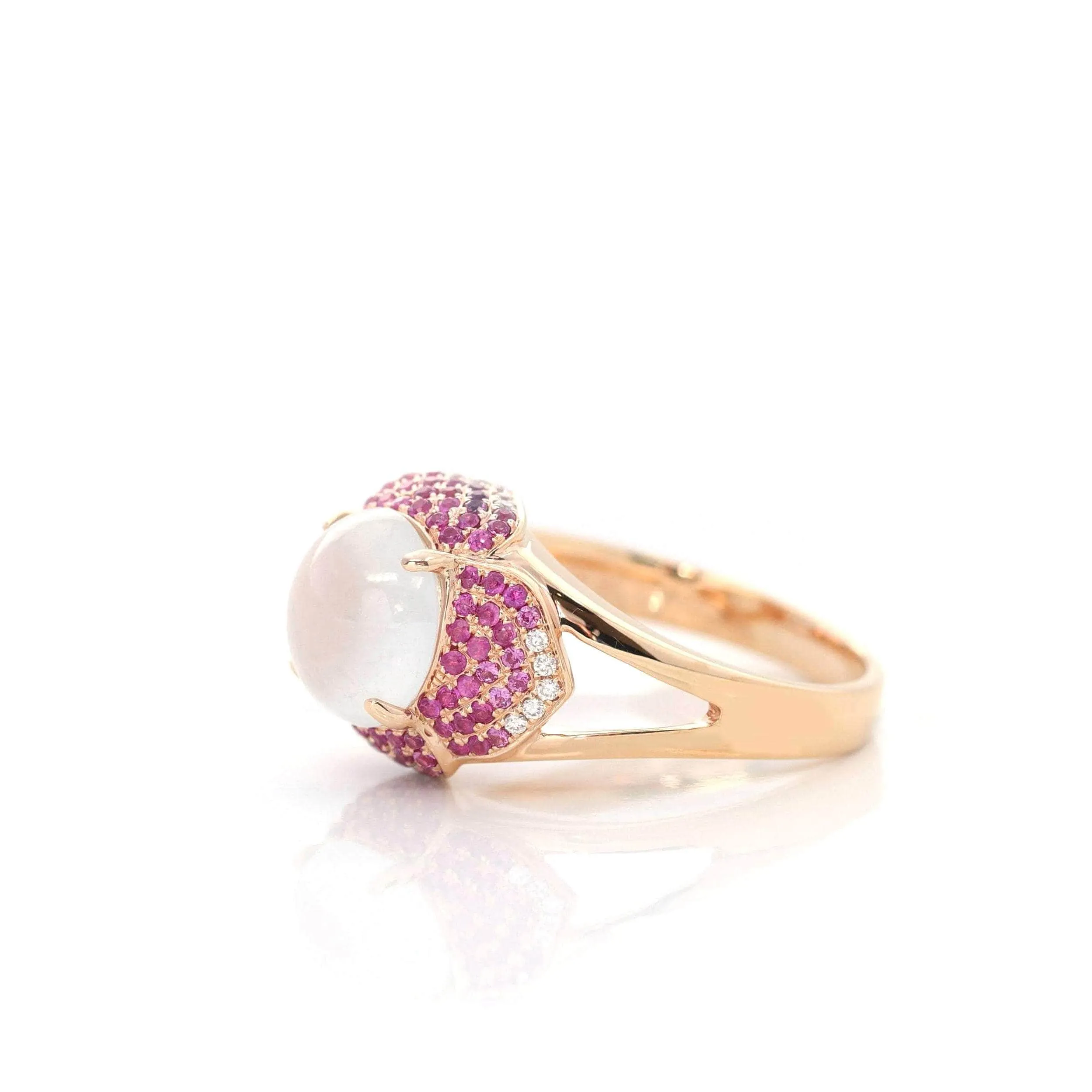 18k Rose Gold Natural Ice Jadeite Engagement Ring With Diamonds and Ruby