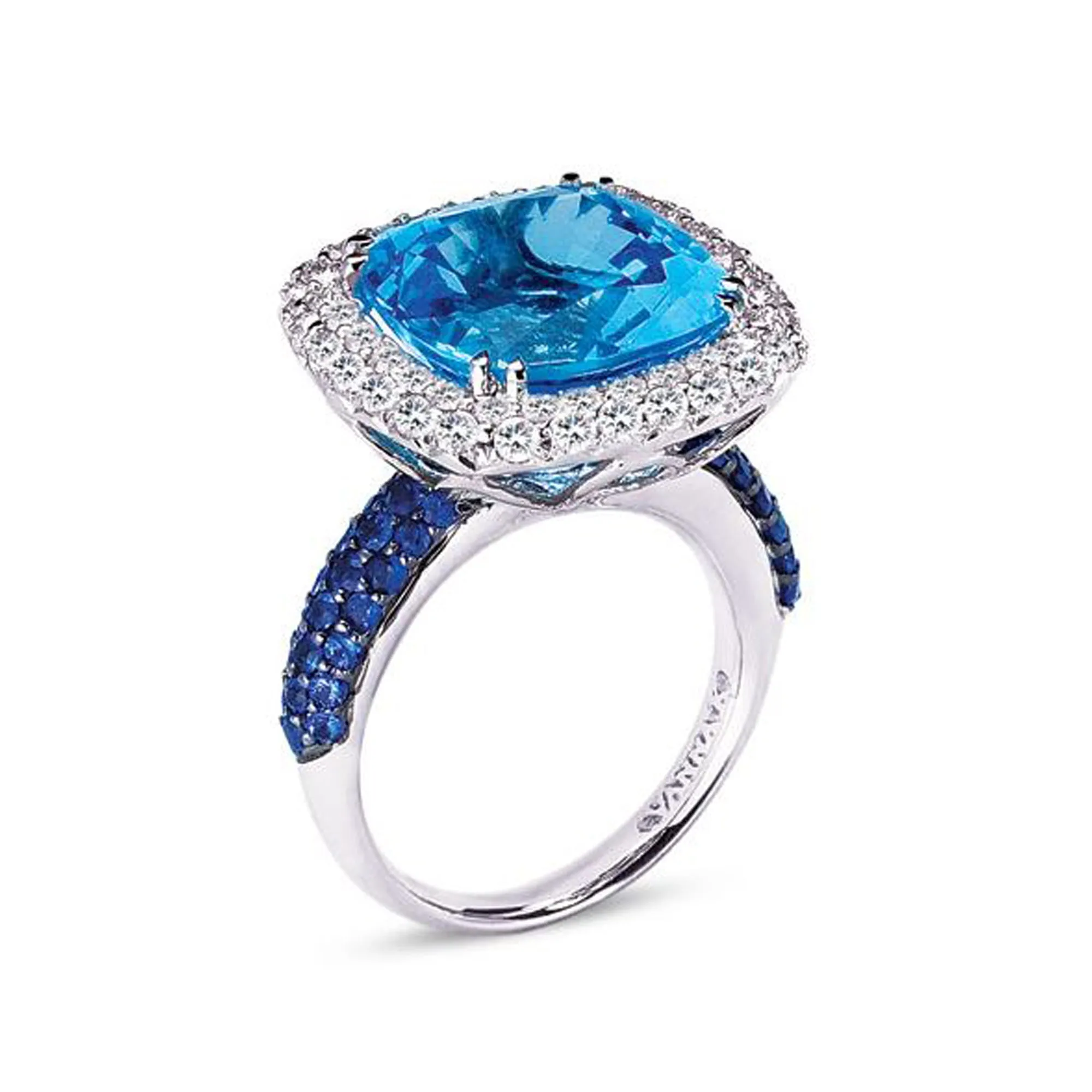 18K White  Gold Ring With Diamonds Sapphires And Blue Topaz