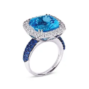 18K White  Gold Ring With Diamonds Sapphires And Blue Topaz