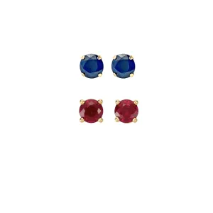 18k Yellow Gold Plated 1/2Ct Created Blue sapphire and  Ruby 2 Pair Round Stud Earrings