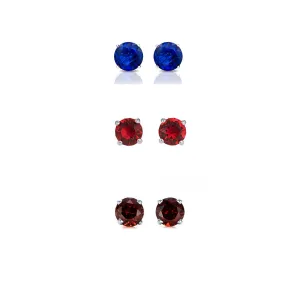 24k White Gold Plated 1Ct Created Blue Topaz, Ruby and Garnet 3 Pair Round Stud Earrings