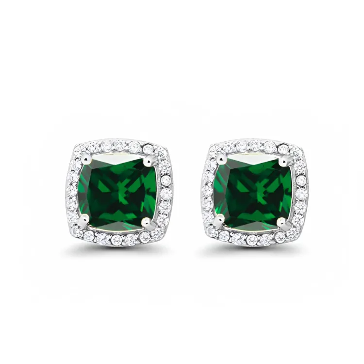 24k White Gold Plated 2 Ct Created Halo Princess Cut Emerald Stud Earrings