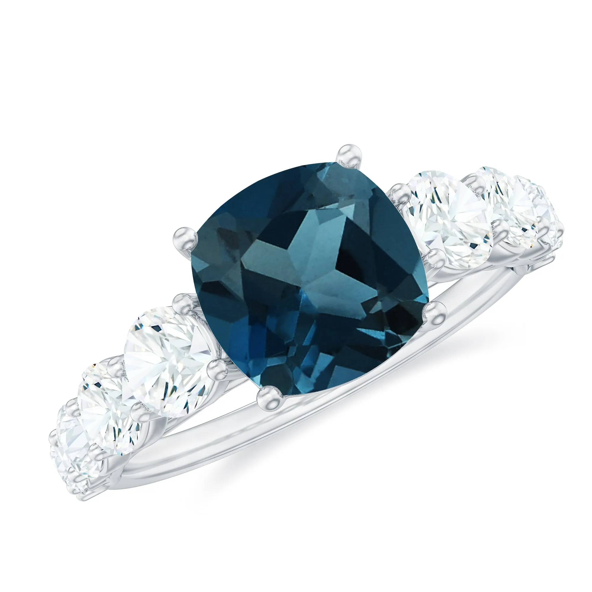 3.25 CT Cushion Cut London Blue Topaz Solitaire Ring with Side Stone Moissanite