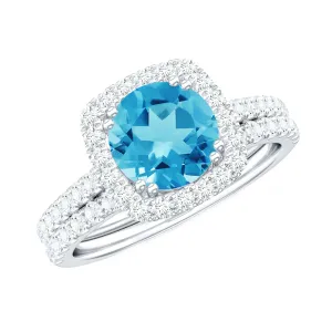 3.25 CT Swiss Blue Topaz and Moissanite Ring Set in Gold