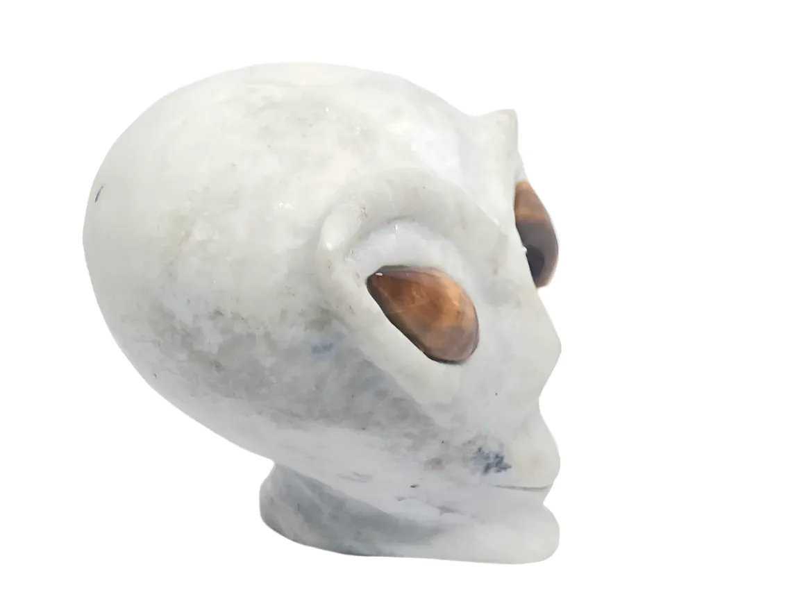 551G White Jade Crystal Alien Head with Tiger Eye Eyes