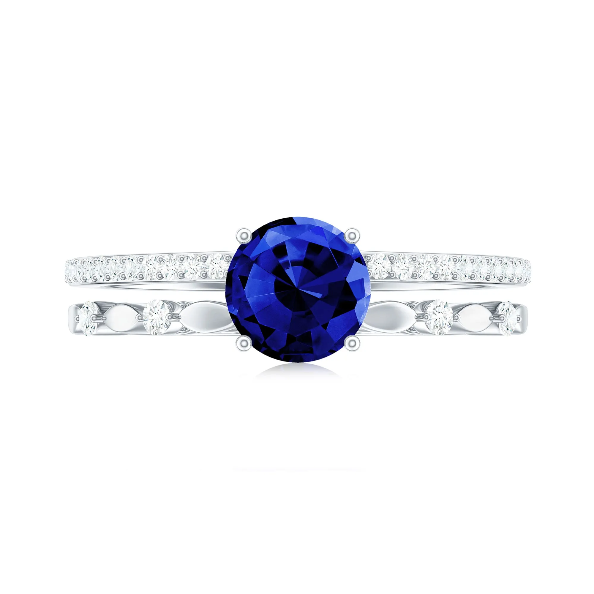 6 MM Created Blue Sapphire Solitaire Engagement Double Band Ring with Diamond