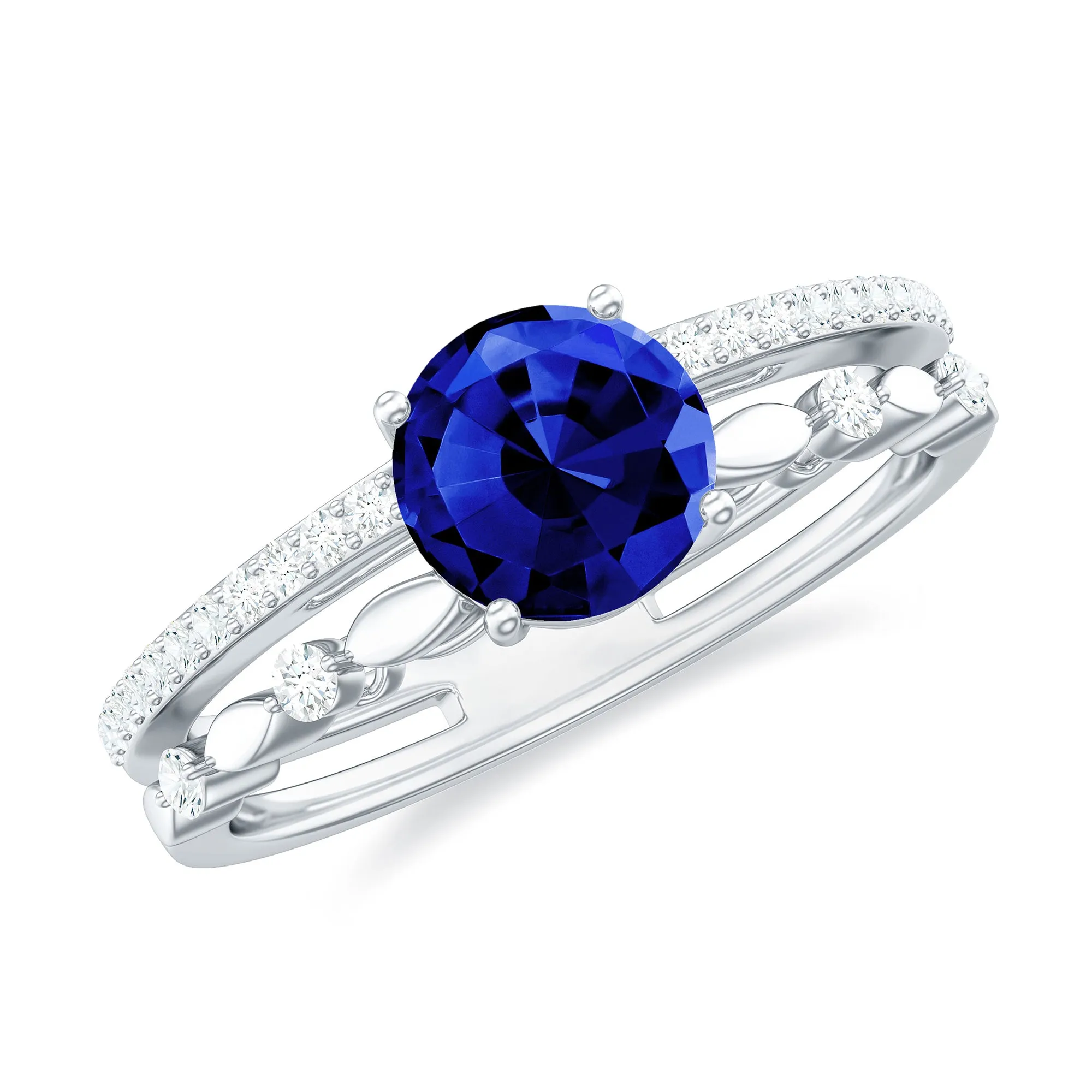 6 MM Created Blue Sapphire Solitaire Engagement Double Band Ring with Diamond